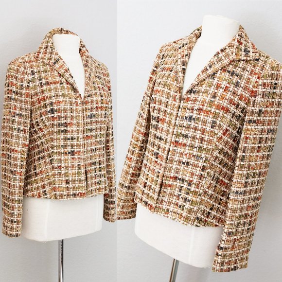 Lafayette 148 New York Tan Autumnal Wool Blend Tweed Cropped Blazer Jacket 4 - Picture 4 of 14